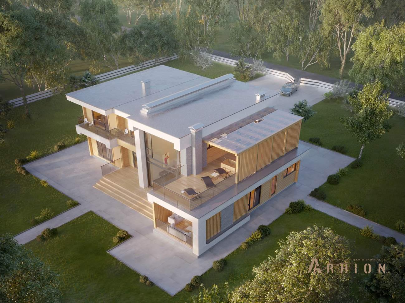 4. Проект двухэтажного дома в стиле хай-тек с плоской кровлей , rh-582, площадью - 582 кв c сауной, терассой, балконом, гаражом, вторым светом